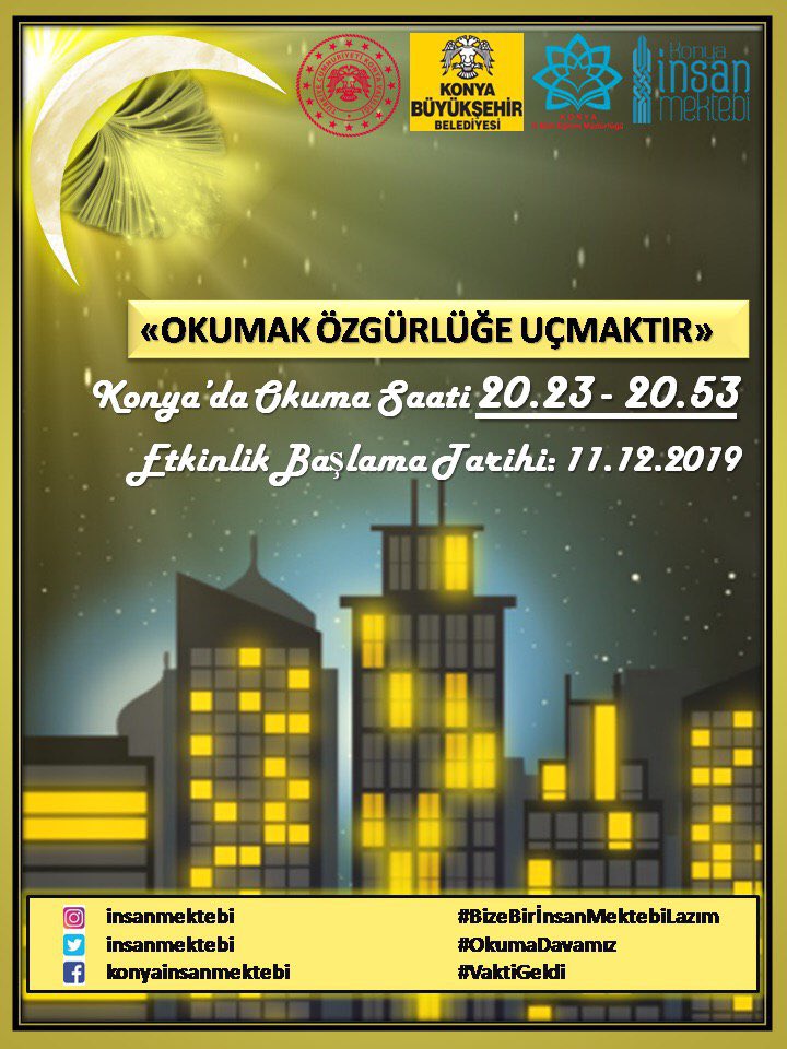 Okuma Davamız kapsamında “Ailemle Okuyorum”etkinliği gerçekleştirilecektir. Yorgun ve stresli geçen bir günün sonunda yuvalarımızda kitapla renkli dünyalara dalarak soluklanıp, her akşam 20.23-20.53 arasında ailemizle okuyoruz. 
#BizeBirİnsanMektebiLazım
#OkumaDavamız
#VaktiGeldi