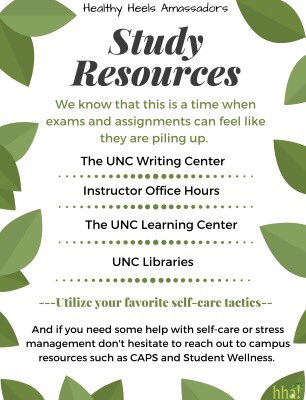 hha_unc's tweet photo. We are almost half way through finals Tar Heels! Don’t forget about study resources around campus and most importantly, take care of yourselves! https://t.co/cb1rs3V0Sh