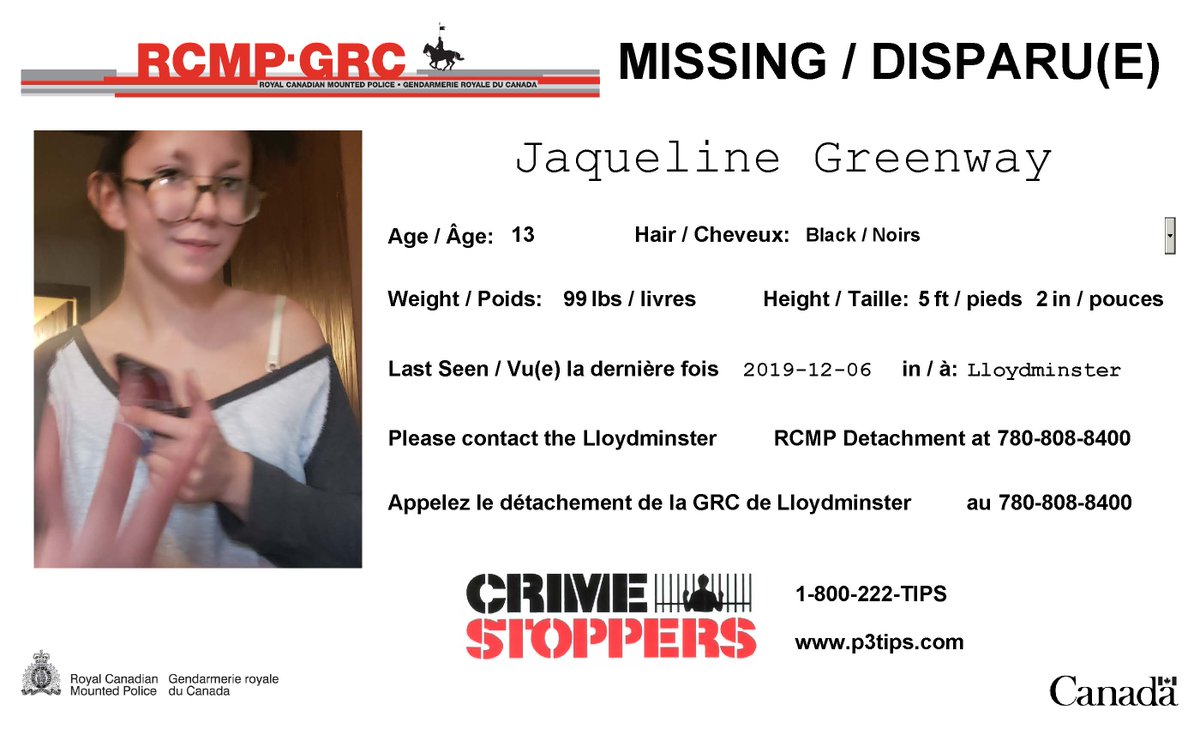 RCMPAlberta's tweet photo. #Missing: Jaqueline Greenway, 13, #Lloydminster. https://t.co/r0Soc2qIx5