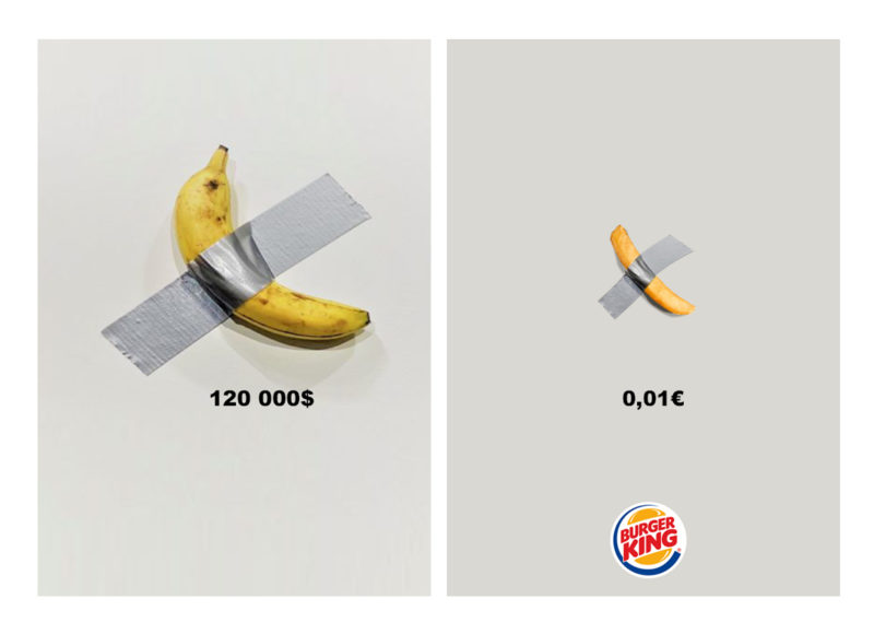 GeekdeP's tweet photo. Le buzz amène le buzz, @BurgerKing  et @BUZZMAN_TIME  l'ont bien compris ! Une banane scotchée à un mur et mise en vente à 120 000$ fait polémique depuis quelques jours. Impossible de louper ça pour #Buzzman: L'incorrigible provocateur ramène sa frite.🍟
#Buzz https://t.co/IrAx5EGrPD