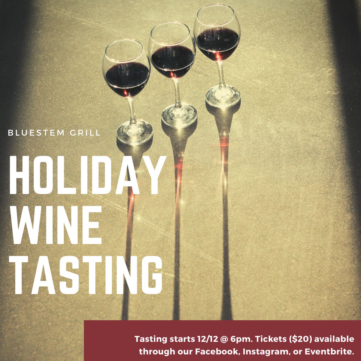 BluestemGrill's tweet photo. Looking to impress friends and family at Christmas parties and dinners this holiday season? We’re here to help! We’ll taste 5 red wines that we are sure to be a hit at Christmas dinner and make you sound like a sommelier. 

#DrinkTheGoodLife #Wine #WineTasting #WineAboutIt https://t.co/RGTll6cnTn