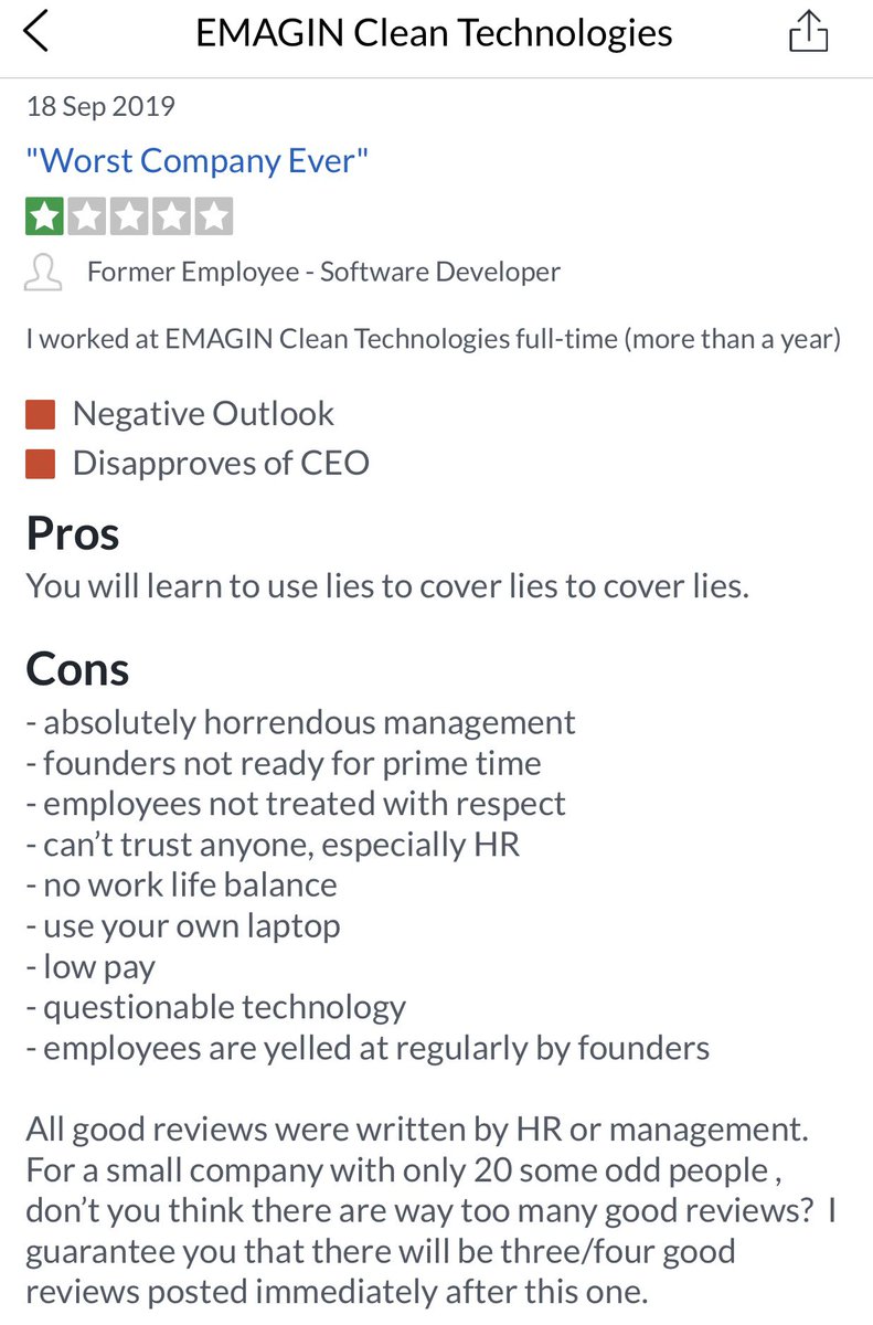 ChalkZiggy's tweet image. It doesnt get any better from what has been said in these employee reviews, apparently Emagin have negative reviews removed so not to scare future investor cash &amp;amp; to make them look the cool kids on the block.  These organizations reviews would scare the hell out of any customer