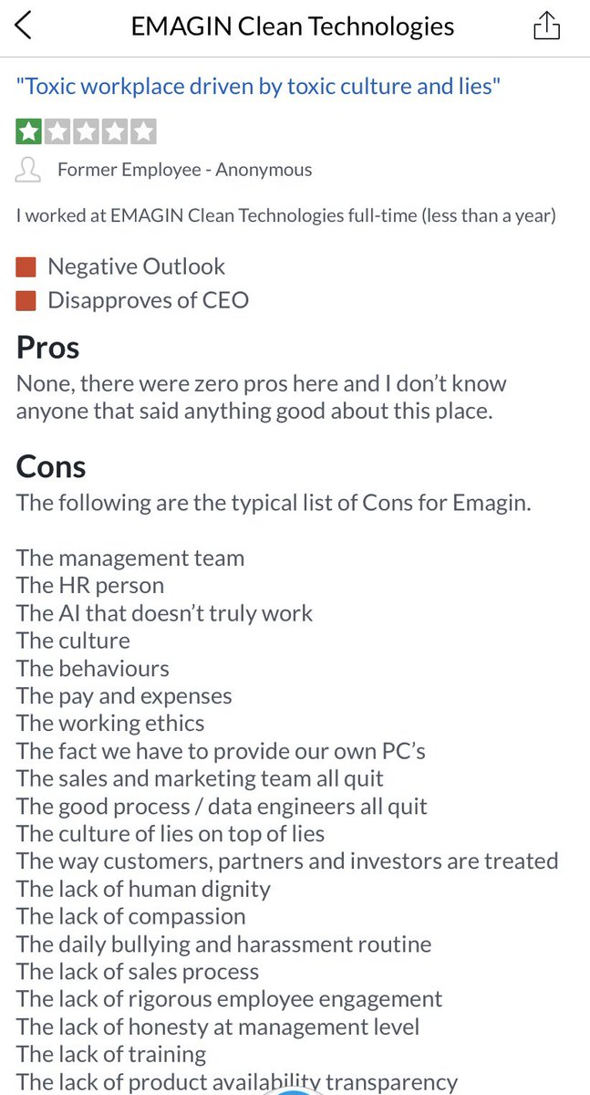 ChalkZiggy's tweet image. It doesnt get any better from what has been said in these employee reviews, apparently Emagin have negative reviews removed so not to scare future investor cash &amp;amp; to make them look the cool kids on the block.  These organizations reviews would scare the hell out of any customer