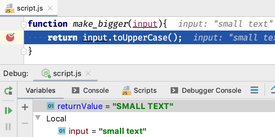 pycharm's tweet photo. Just like the PyCharm debugger always could, the JavaScript debugger now allows you to quickly see the value returned from a method while debugging #NewInPyCharm https://t.co/Og8TedEAnA https://t.co/afu6JGuoQI