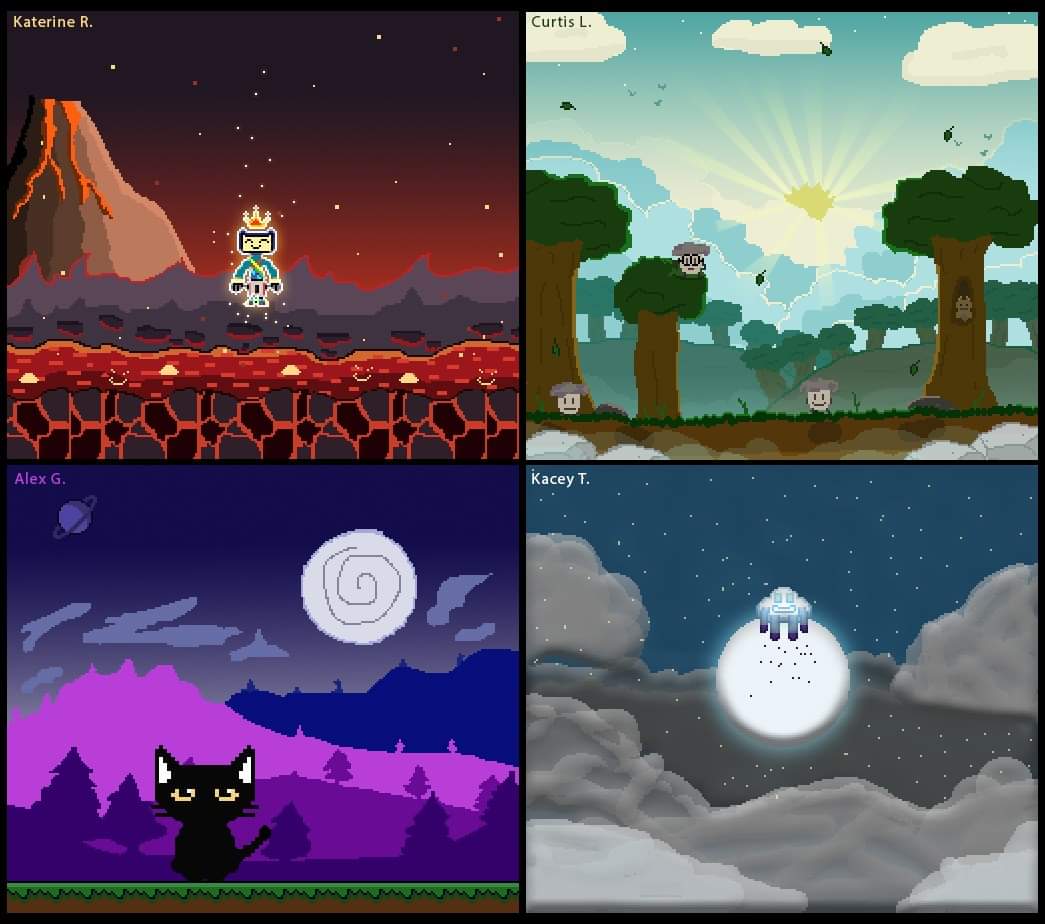 Top 4 pieces from my student's practice semester exam. #pixelart #gamedev #gamedesign