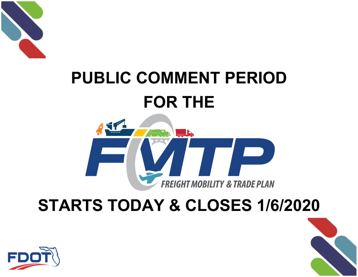 MyFDOT's tweet photo. .@MyFDOT is excited to announce the commencement of the Freight Mobility and Trade Plan (#FMTP) Public Comment Period. Visit the FMTP webpage to provide comments. https://t.co/F66wjGGfZI #FreightMovesFlorida https://t.co/m57w48rNT5