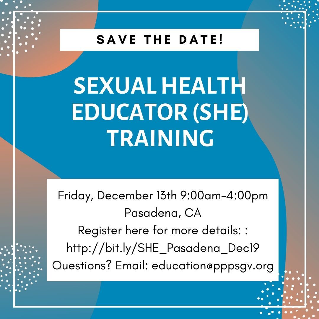 kir_together's tweet photo. The @CAPublicHealth will be providing Sexual Health Educator (SHE) Training on 12/15/19. This is a FREE training for educators  who want to build their sexual health knowledge and sexuality education skills. Register https://t.co/CO6kIgyTl8 Questions? Email:education@pppsgv.org https://t.co/WG8jQblToJ