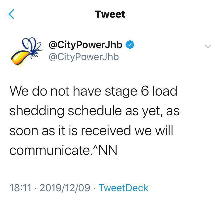 CityPowerJhb's tweet image. We would like to apologise for the error message below which gave an impression that we do not have schedule for stage 6. 
Schedules are created with Eskom and all municipalities have it. In 2015 #Loadshedding stages were updated up to stage 8.
Schedules available on our website.