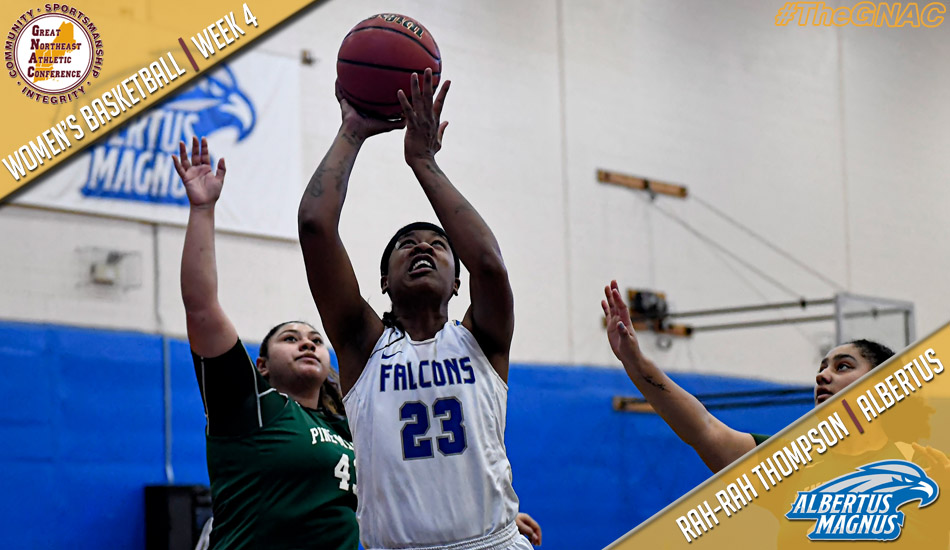 TheGNAC's tweet photo. WOMEN'S BASKETBALL | Albertus (@AMCAthletics) senior Rah-Rah Thompson named #TheGNAC Player of the Week after recording an astounding 28 PTS (66%), 31 REB, 6 BLK in 99-90 victory over defending MASCAC champion Westfield State: https://t.co/lNN4JEVJ43. #d3hoops #MonsterLine https://t.co/0u2yMKB5Kd