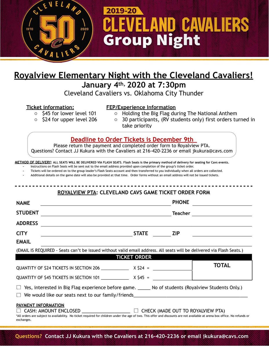 Cavs Basketball Ticket Orders are Due TODAY - 12/9.  Orders can be dropped off at office until 3:30 today.
🏀 
Royalview Night at the Cleveland Cavs
Date: Saturday, January 4 at 7:30