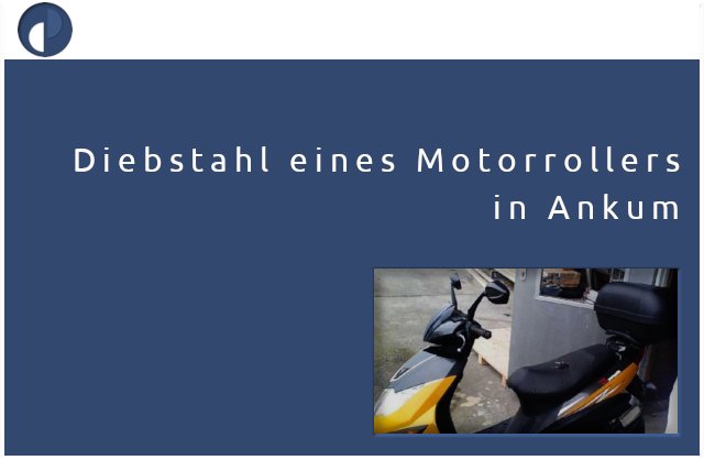 AnkumB's tweet photo. Laut #Polizei Meldung wurde in der Zeit vom 30.11.2019 und 08.12.2019 an der Straße "Beim Kreuzplatz" in #Ankum ein Motorroller entwendet. | Mehr:  https://t.co/rew9y6LK25 https://t.co/DMPqEDTUSy