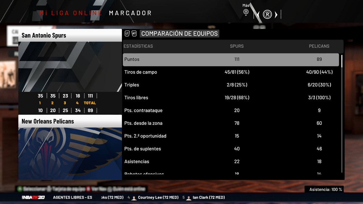 FMSpurs1's tweet photo. @LigaPhoenix2k @nba2k Nueva victoria de los tejanos, esta vez ante unos Pelicans que en ningún momento estuvieron en el partido. A desatascar el marcaje de Udoh al Letón. https://t.co/XRQFEZN6Ro