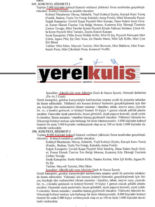 💢Bu ihalede yok yok!
▶️13 bin kişiye içkili kokteyl!
▶️Bin 500 kişiye, üzerinde;Vav, Besmele, Kelime-i Şehadet, Ayetel Kürsi, Elhamdülillah yazan hediyelik kaligrafi pano.
▶️Bir gecede net 400 bin TL. kazanacak şarkıcının, 'Vur patlasın, çal oynasın' konseri!
▶️İçki ve ayet?