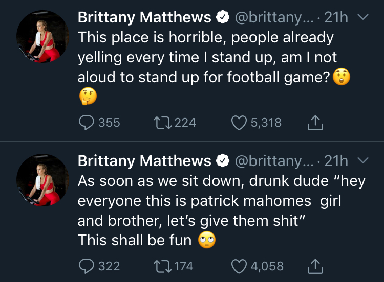 Brittany Matthews tweets about low hit on Patrick Mahomes in Week 2