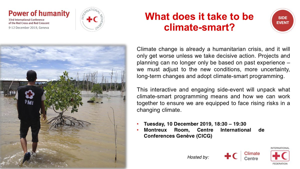 RCClimate's tweet photo. Exciting side-event at #rcrc19: what does it take to be #climate-smart? 18:30 on Tuesday 10 December in the Montreux Room at the CICG... https://t.co/syFkUoIXs5