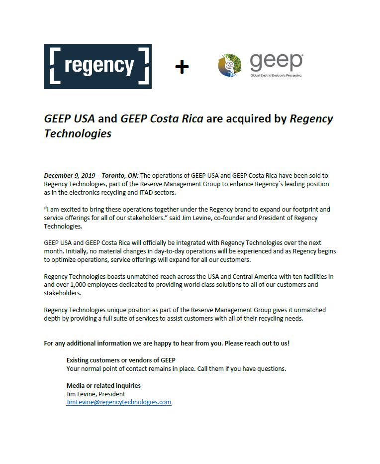 PRESS RELEASE: GEEP USA and GEEP Costa Rica are acquired by Regency Technologies
For any additional information we are happy to hear from you. Please reach out to us!
Existing customers or vendors of GEEP
Your normal point of contact remains in place. 
#news #pressrelease