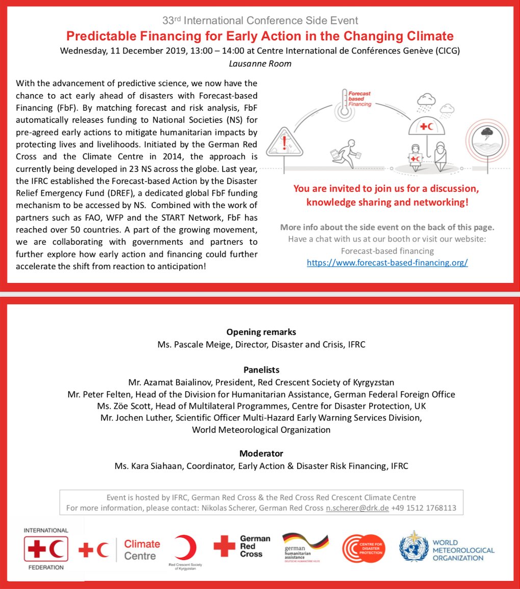 RCClimate's tweet photo. And another exciting side-event at #rcrc19: predictable financing for early action in a changing #climate. 13:00-14:00 Wednesday 11 December, in the Lausanne Room at the CICG. https://t.co/bnVQXbqqlO