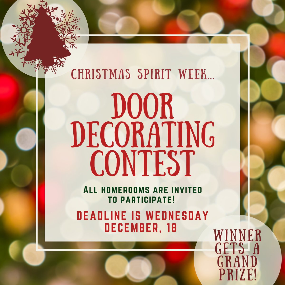 StEz_SAC's tweet photo. Attention all homerooms! There will be a Christmas door decorating contest leading up to Christmas spirit week. We will be judging on December 18th for the best decorated door. We can’t wait to see all the festive ideas you guys have!🎄🌟 https://t.co/J4FmKJVJGv