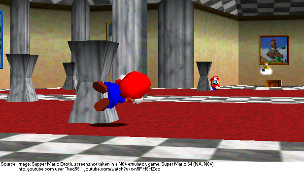 Supper Mario Broth on Twitter: "Normally, the reflection in the mirror room  of Peach's Castle in Super Mario 64 mimics Mario's movements perfectly.  However, if Mario crawls towards one of the pillars,