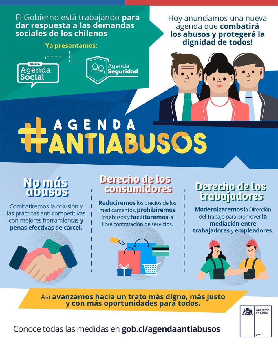 Muy importante la #agendaantiabusos anunciada hoy por el Presidente <a href="/sebastianpinera/">Sebastian Piñera</a>. Un nuevo paso hacia una sociedad más justa y con menos abusos, protegiendo la dignidad de todos!! 🇨🇱