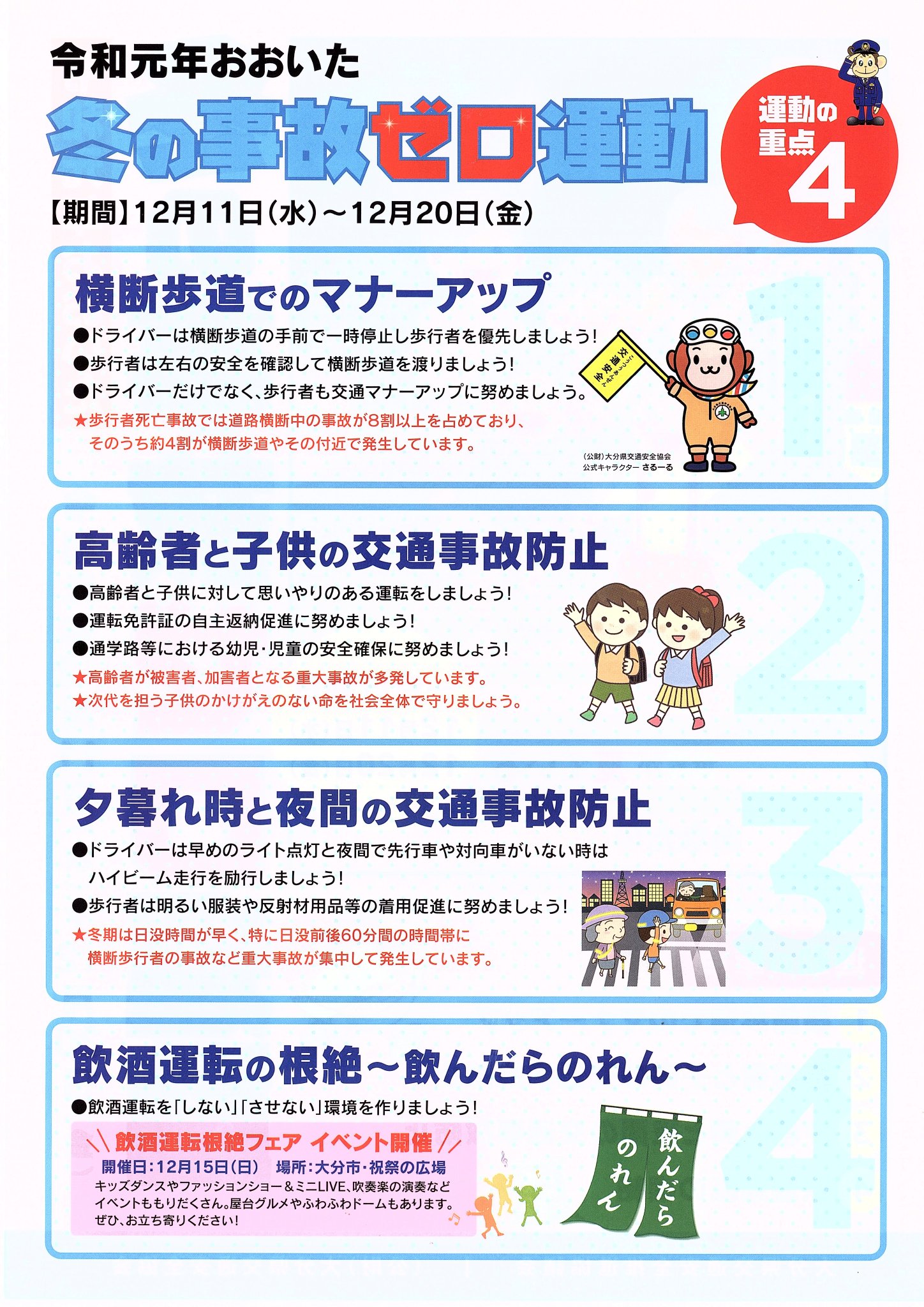 大分県警察 Sur Twitter 冬の事故ゼロ運動 12月11日から20日まで おおいた冬の事故ゼロ運動 が行われます 運動の重点は 横断歩道でのマナーアップ 高齢者と子供の交通事故防止 夕暮れ時と夜間の交通事故防止 飲酒運転の根絶 です 期間中 街頭