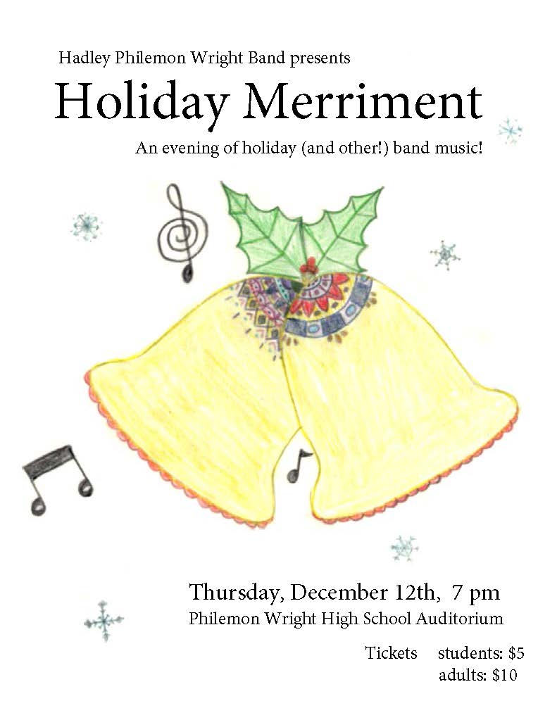 rusumusic's tweet photo. The Hadley-Philemon Wright High School Band would like to invite you to the Holiday Merriment concert. The concert will take place on December 12, at 7:00 pm at Philemon Wright. Tickets $10 and $5 for students. Hope to see you there. https://t.co/iAXvEOJmuT