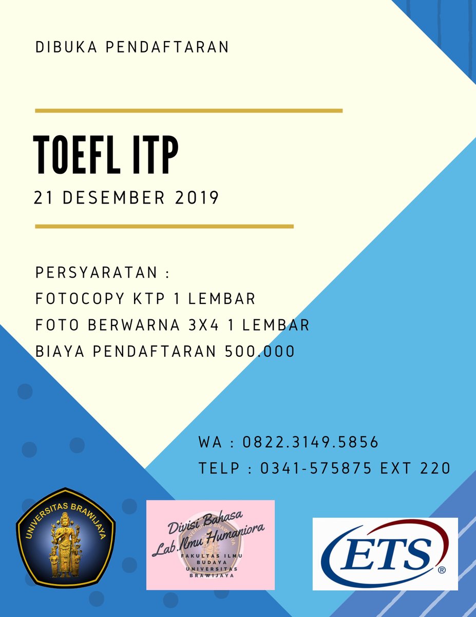 LBEKRAF's tweet photo. Selamat pagi....
Pendaftaran untuk Ujian TOEFL ITP masih bisa dilakukan
Hubungi kami untuk informasi lebih lanjut
Ujian akan dilaksanakan di Gedung A FIB Univ. Brawijaya Ruang Movie Room 

#ets #toeflets #univbrawijaya #labilmuhumaniorafibub #lihfibub #divisibahasafibub #toeflitp https://t.co/r6Z6NSDepD