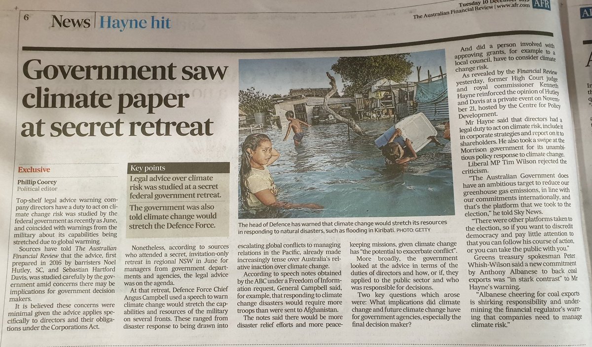 JezMans's tweet image. Hayne''s #climaterisk statement on Directors duties yesterday triggers 5  pages @FinancialReview coverage. Could be something in that! #climateliability #fiduciaryduty