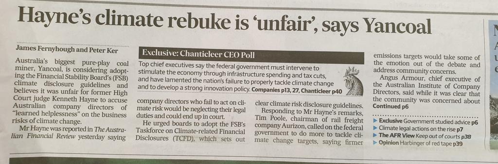 JezMans's tweet image. Hayne''s #climaterisk statement on Directors duties yesterday triggers 5  pages @FinancialReview coverage. Could be something in that! #climateliability #fiduciaryduty