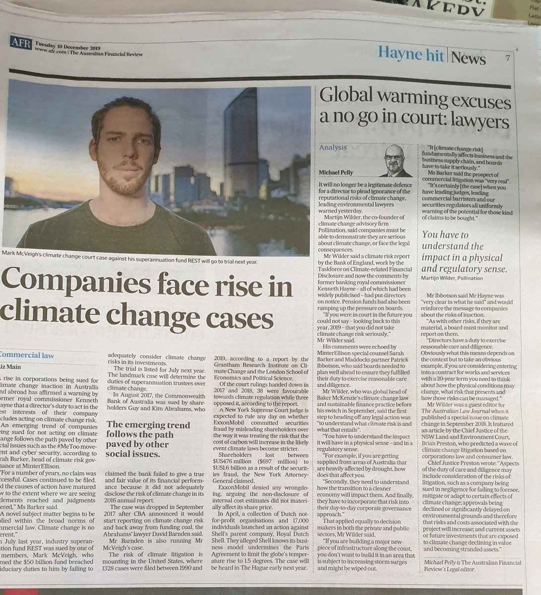 JezMans's tweet image. Hayne''s #climaterisk statement on Directors duties yesterday triggers 5  pages @FinancialReview coverage. Could be something in that! #climateliability #fiduciaryduty
