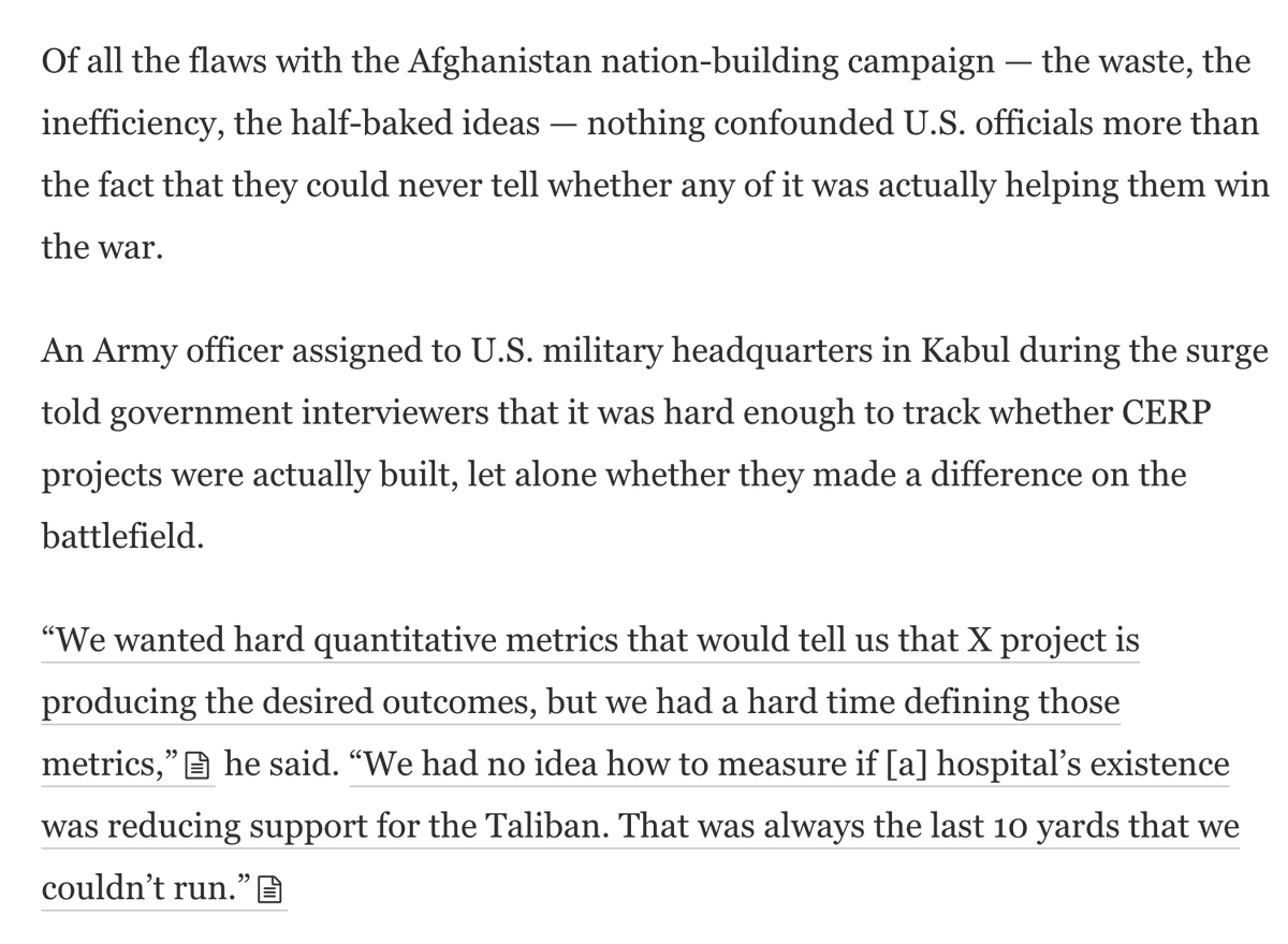 Counter-insurgency theory was untestable and had no metrics to measure success, even if the money was spent well. 31/n