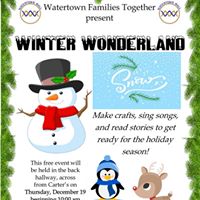 WatertownMallMA's tweet photo. On Thursday, 12/19, Watertown Families Together will be hosting “Winter Wonderland” at 10am. Make crafts, sing songs and read stories during this free event to get the little ones ready for the holidays and the wintertime. https://t.co/fBEM1z8VzP https://t.co/1d8T9uxjj6