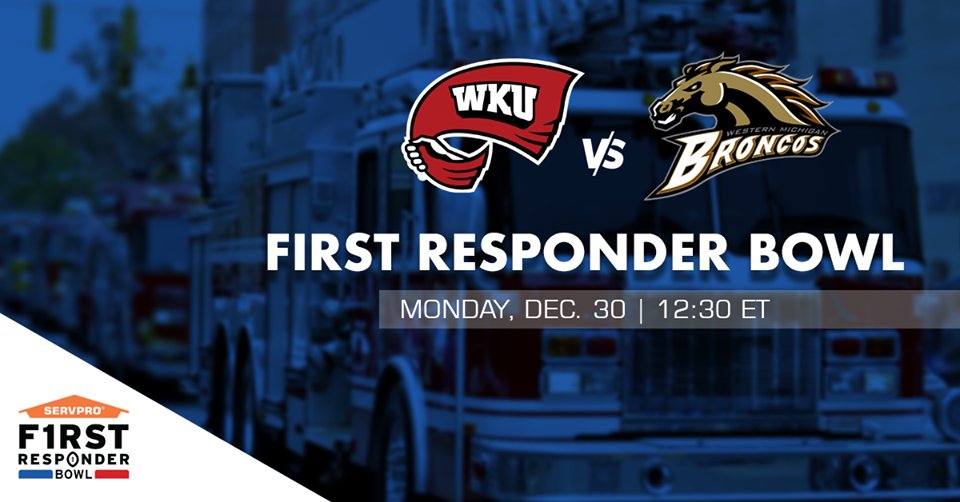 ServPro of Huntington (@servprohton) on Twitter photo The 2019 SERVPRO First Responder Bowl is set! The Hilltoppers of <a href="/WKUFootball/">WKU Football</a> will take on the Broncos of <a href="/WesternMichU/">Western Michigan University</a> at 11:30 AM CT, Dec. 30th in Dallas, TX. Get tickets at bit.ly/2PsLbFR. The 2019 SERVPRO First Responder Bowl is set! The Hilltoppers of <a href="/WKUFootball/">WKU Football</a> will take on the Broncos of <a href="/WesternMichU/">Western Michigan University</a> at 11:30 AM CT, Dec. 30th in Dallas, TX. Get tickets at bit.ly/2PsLbFR.