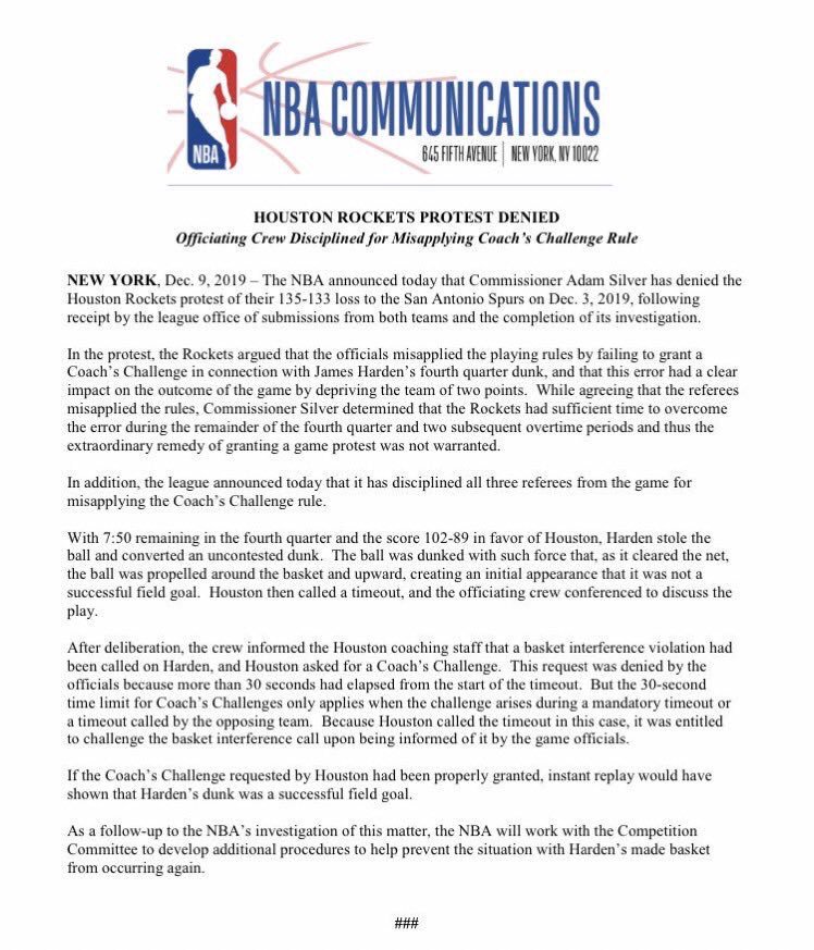 AlvaroNBAMartin's tweet photo. .@NBA: protesta @HoustonRockets de canasta que ni contó ni se revisó por cuadrilla de árbitros denegada. Terna arbitral del partido fue "disciplinada". El jefe de esa cuadrilla, #JamesCapers, fue árbitro en Partidos 1 y 5 de #NBAFinals (de lo mejor en 2018-19). @NBALatAm @NBAMEX https://t.co/Q6Gn6BXQ4b