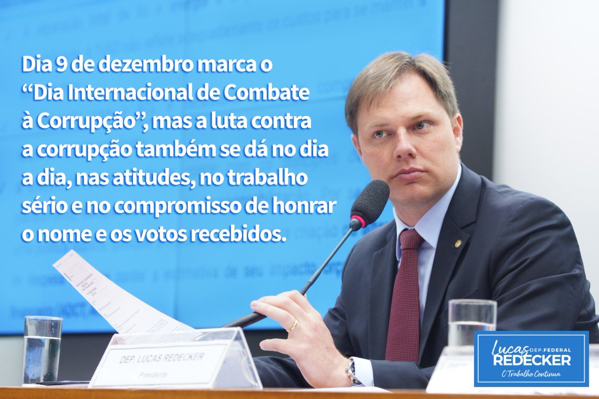 LucasRedecker's tweet photo. 9 de dezembro: Dia Internacional de Combate à Corrupção. #combateacorrupção #OTrabalhoContinua #LucasRedecker https://t.co/7IfopQ1RVi