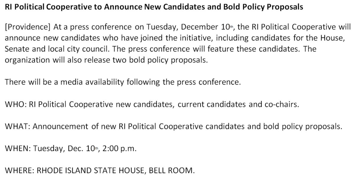 ripolcoop's tweet photo. ANNOUNCEMENT - hope you can join us tomorrow (Dec. 10th) at the State House at 2pm to meet our new candidates and hear about our bold policy proposals! https://t.co/w3gdltF56n