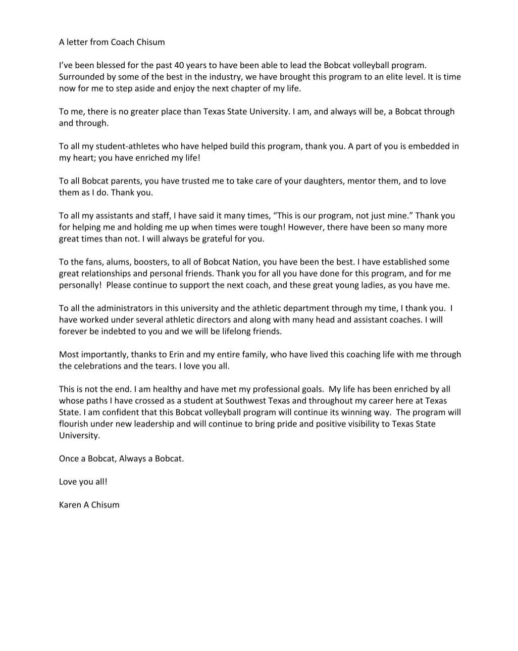 KTSW Sports on Twitter: "A Letter from Coach Chisum - via the  @TxStateBobcats website following her retirement announcement. #TXST 🏐  https://t.co/2BtPuOZJRF" / Twitter