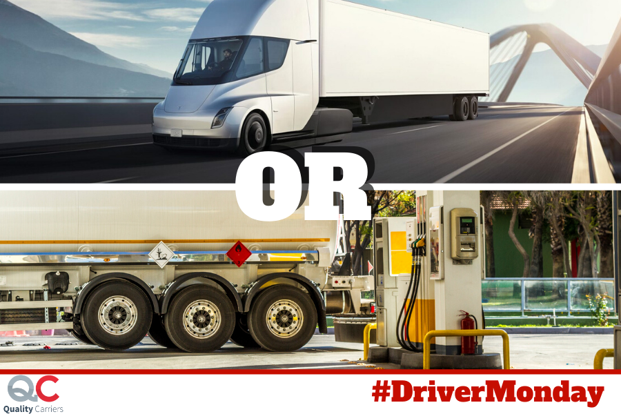 QualityCarriers's tweet photo. It's #DriverMonday! Every Monday we ask what driver's prefer. Today it's, FUTURE ELECTRIC TRUCKS or DIESEL ENGINE TRUCKS?
Comment your answer below and don't forget to Like, and Share.
Also, be on the look out for the winning answer! https://t.co/PNNDaDbCkH