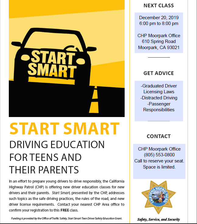 CHPMoorpark's tweet photo. Our free Start Smart class is coming up quick, December 20, 2019 from 6pm to 8pm. Space is limited. Please call (805) 553-0800 to reserve your spot. @CHP_Ventura @toaksvcso @SimiValleyPD #StartSmart #teendriving #safeparents https://t.co/G0BYorTsFS