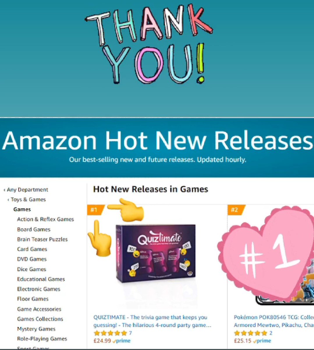 We posted yday about being #4 for Amazon hot new releases in the Games category and wondered if we could reach #1... ⁣⁣⁣
Well, thanks to all you wonderful people who bought our game, we are now #1!!! 🔥

We’re feeling so humbled and grateful!
THANK-YOU 🙏⁣⁣⁣

#quiztimate