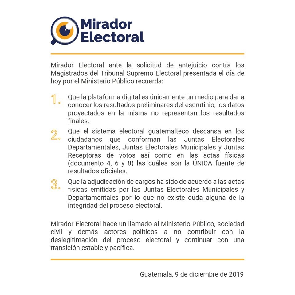 GRadiou's tweet photo. Mirador Electoral @miradorguate emite comunicado en donde hace un llamado al @MPguatemala, sociedad civil y actores politicos a no contribuir con la deslegitimación del proceso electoral. @Universidad921 https://t.co/hLaG05o8kX