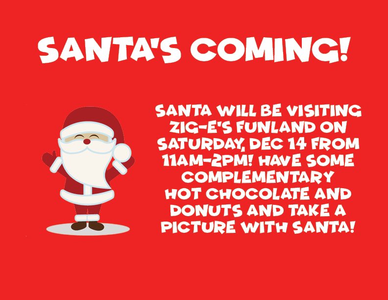Zigesfunland's tweet photo. Santaโs Coming!!! He will be at Zig-Eโs Funland, your perfect party place, on Saturday, Dec. 14 from 11:00am-2:00pm. We will serve hot chocolate and donuts. You will be able to take photos! #zigesFUN #Santa
#NWI #nwievents #hotcocoa #donuts #pics #christmas https://t.co/Tcjeg6LEdr