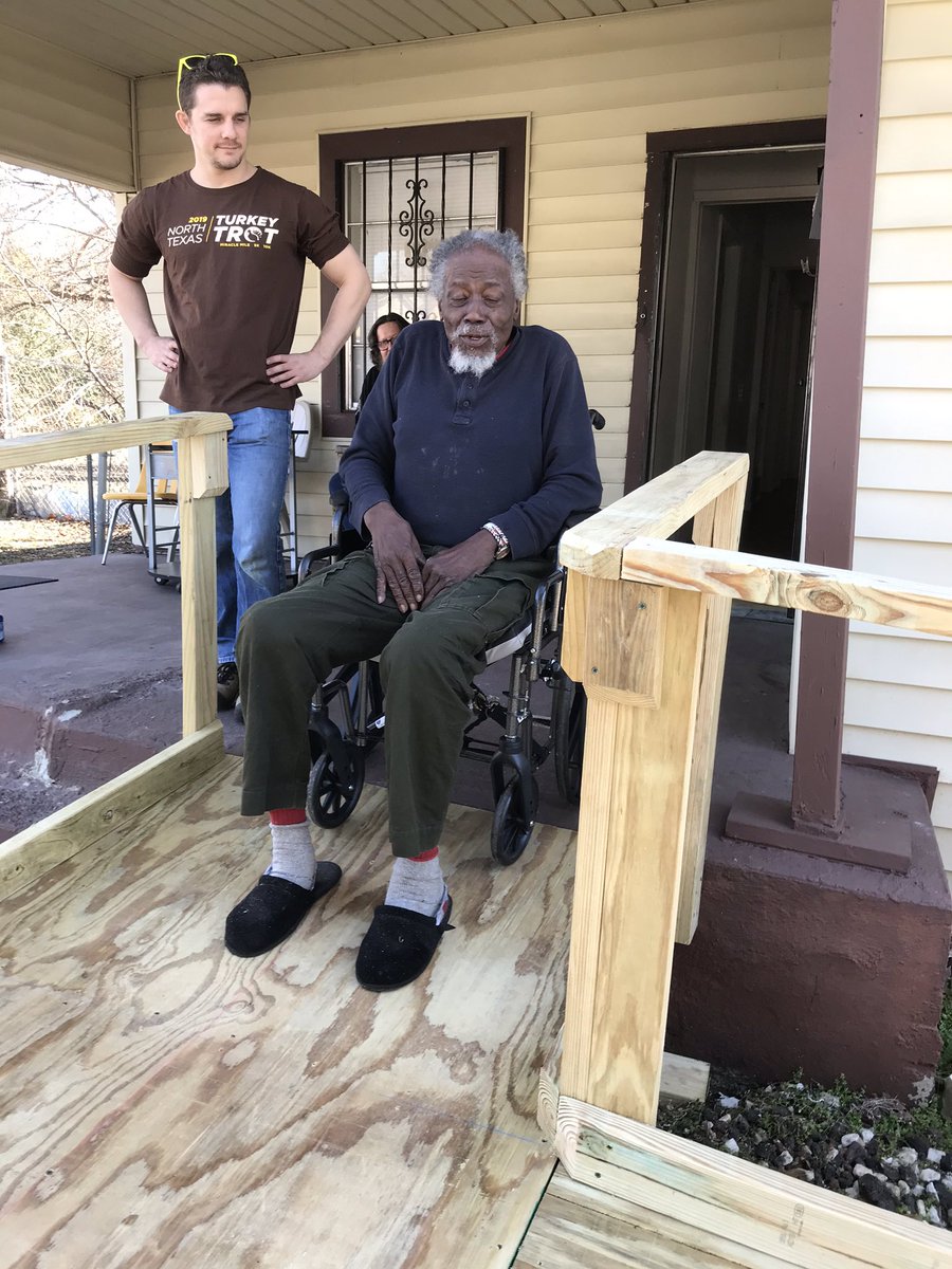 TexasRamps's tweet photo. Thank you employees of @Toyota for coming out last Saturday to build a wheelchair ramp for 93 year old Roy. #community Roy carves wooden walking sticks and images like this one. https://t.co/INnpB2pgsE