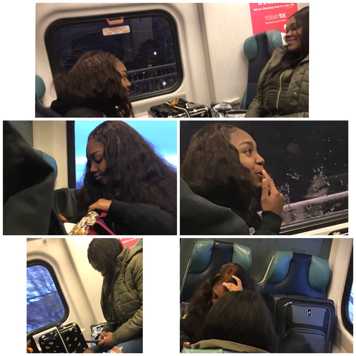 LIRRpassSuck's tweet photo. #LIRR #ampeak These 2 taking up a 4 seater with people standing, wouldn’t #stfu, popping forehead #zits, fixing hair, talking on phones. Needed to upgrade tix to peak and conductor said nothing. #animals #daytrippers #Millennials https://t.co/p7l35ruXxC