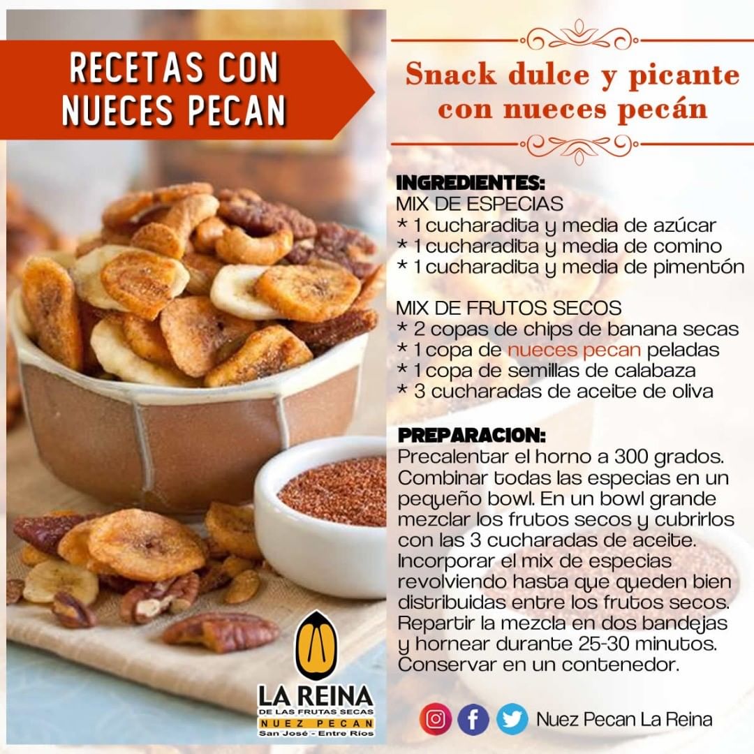 Nuez Pecan "La Reina" te ofrece una amplia variedad de nueces con alto valor agregado. Contamos con múltiples recetas para que disfrutes la más exquisita gastronomía. ¿Tenés alguna para sugerirnos? Dejala en los comentarios 👇🤩