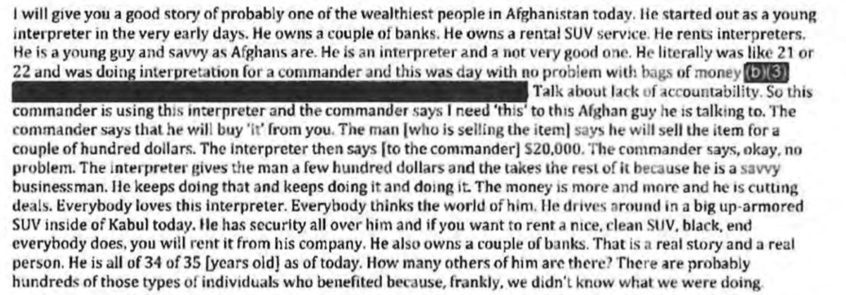 According to Flynn, one of the richest men in Afghanistan started out as an interpreter for the US, selling them things for a 100x markup. 7/n