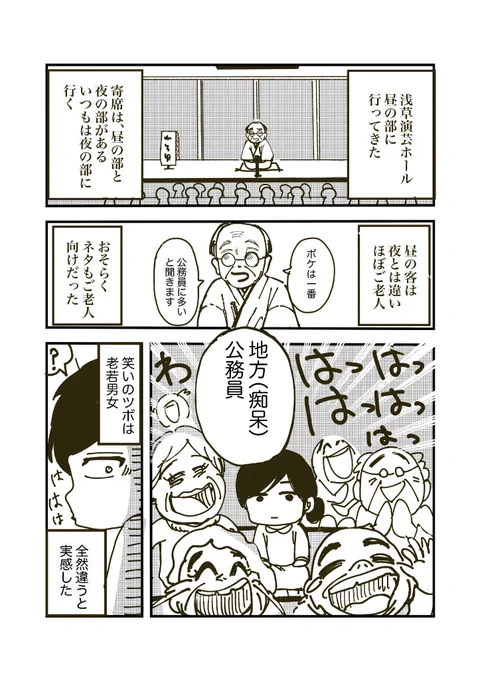 【落語レポマンガ】
おはようございます!
毎日マンガ23日目です。

久々に落語を見に行きました。
オヤジギャグで大爆笑するじいちゃんばあちゃんが愛らしかったです。

#2020年2月17日まで毎朝8時更新
#浅草演芸ホール 