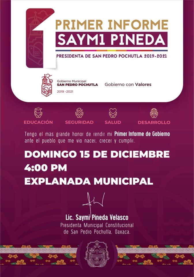 saymipinedav's tweet photo. 🙋🏻♀ Te invito este domingo 15 de Diciembre en punto de las 4:00 🕓 PM en la Explanada Municipal, a mi #1PrimerInforme de actividades, donde daremos a conocer los grandes avances en cada uno de los ejes dentro de esta administración.
#GobiernoConValores #Oaxaca https://t.co/QQPlU4MROo