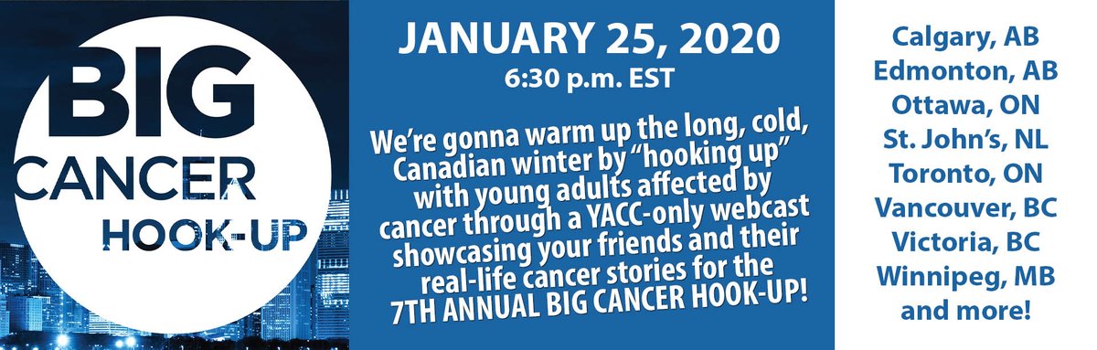 yacancercanada's tweet photo. The Big Cancer Hook-up is on Jan. 25, and young adults affected by cancer are "hooking up" in Calgary, Edmonton, Fredericton, Halifax, Ottawa, Red Deer, St. John's, Sudbury, Toronto, Vancouver, Victoria, and Winnipeg! Or sign up to watch at home! https://t.co/a0hw8hF1HL https://t.co/x9fWfoY5UD