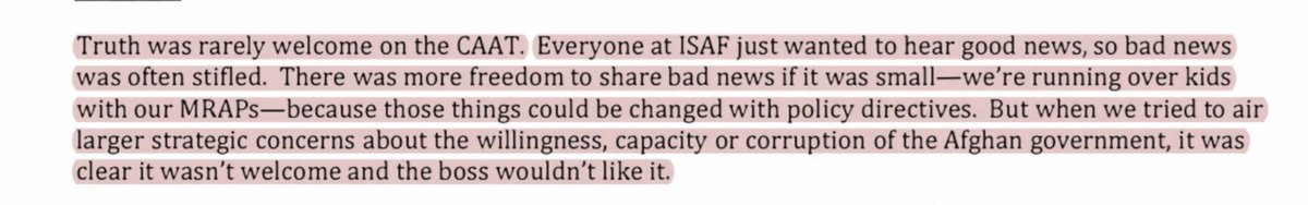 According Colonel Bob Crowley, the Counterinsurgency Advise and Assist Teams were only open to hearing bad news when it was "small," like "we're running over kids." I assume the Colonel is not downplaying that himself but giving insights into attitudes. 11/n